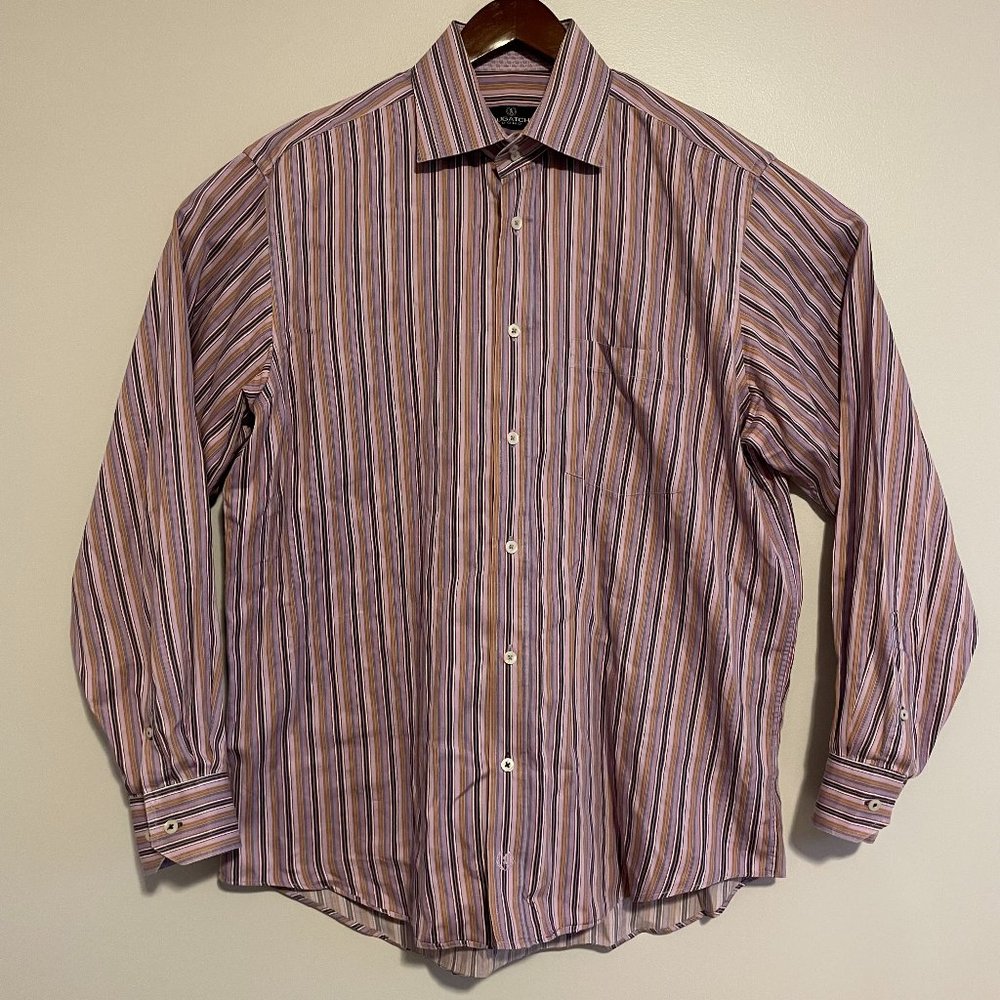 ens Bugatchi Uomo Flip Cuffs Button Down Long Sleeve Shirt Size XL Purple Stripe